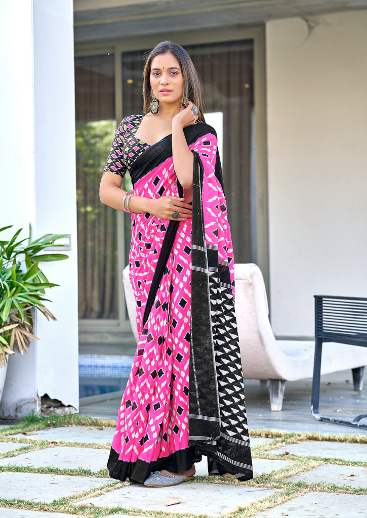 SIMRAN PURE MULMUL COTTON IKKAT  PRINTED PINK SAREE
