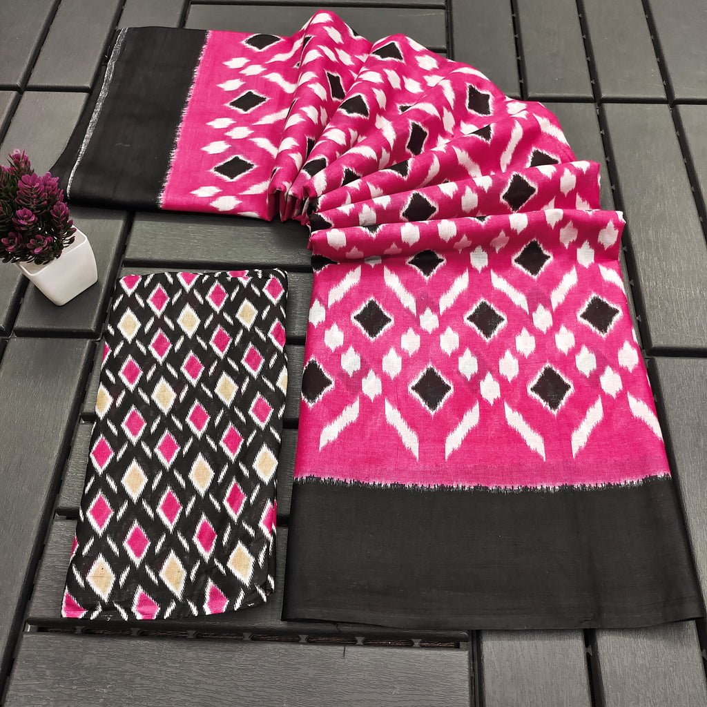 SIMRAN PURE MULMUL COTTON IKKAT  PRINTED PINK SAREE