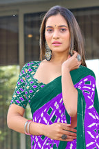 SIMRAN PURE MULMUL COTTON IKKAT  PRINTED PURPLE SAREE