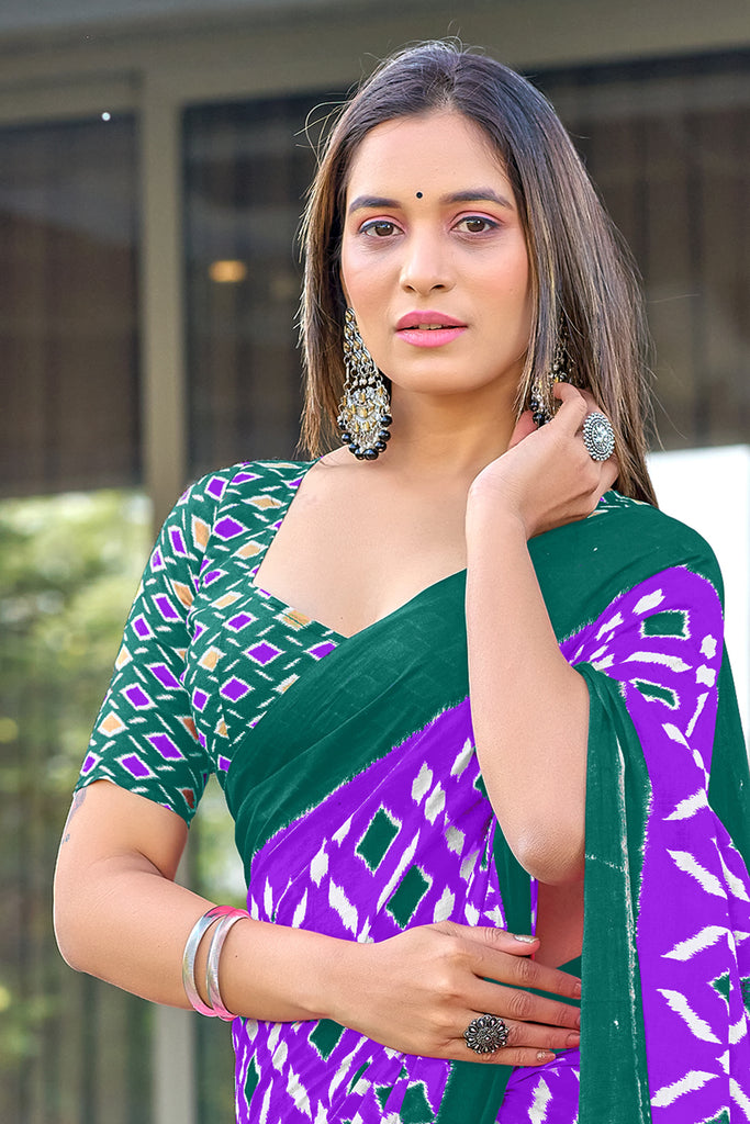SIMRAN PURE MULMUL COTTON IKKAT  PRINTED PURPLE SAREE