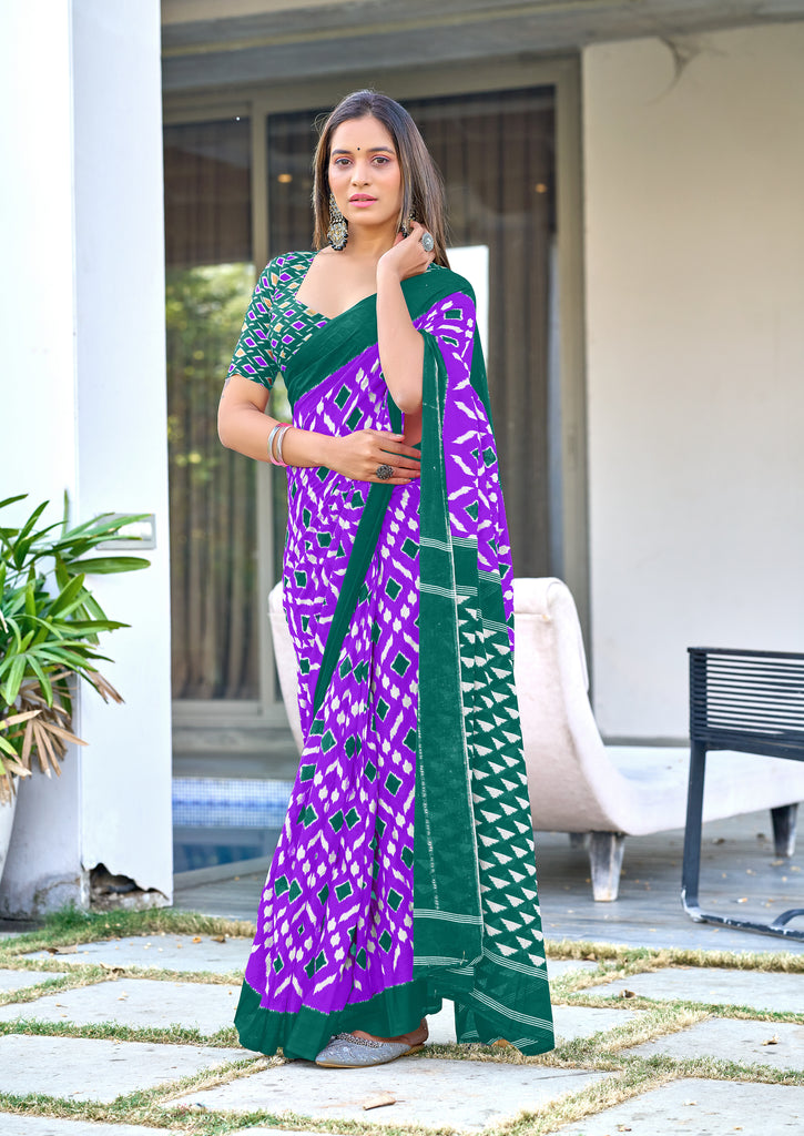 SIMRAN PURE MULMUL COTTON IKKAT  PRINTED PURPLE SAREE