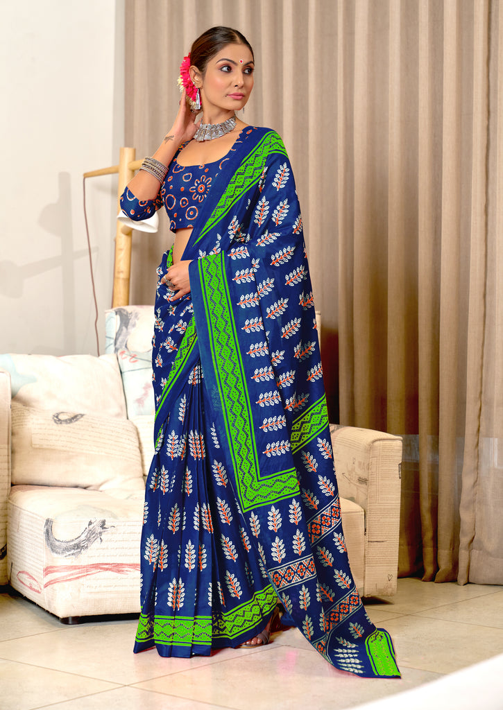 SITARA PURE MULMUL COTTON HAND BLOCK PRINTD BLUE SAREE
