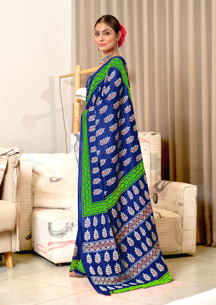 SITARA PURE MULMUL COTTON HAND BLOCK PRINTD BLUE SAREE