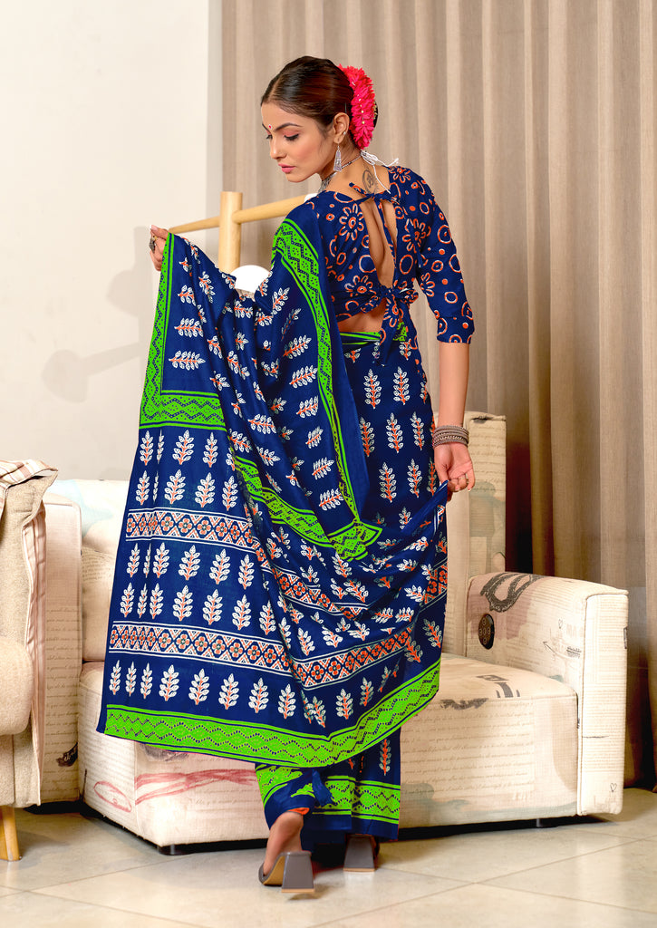 SITARA PURE MULMUL COTTON HAND BLOCK PRINTD BLUE SAREE