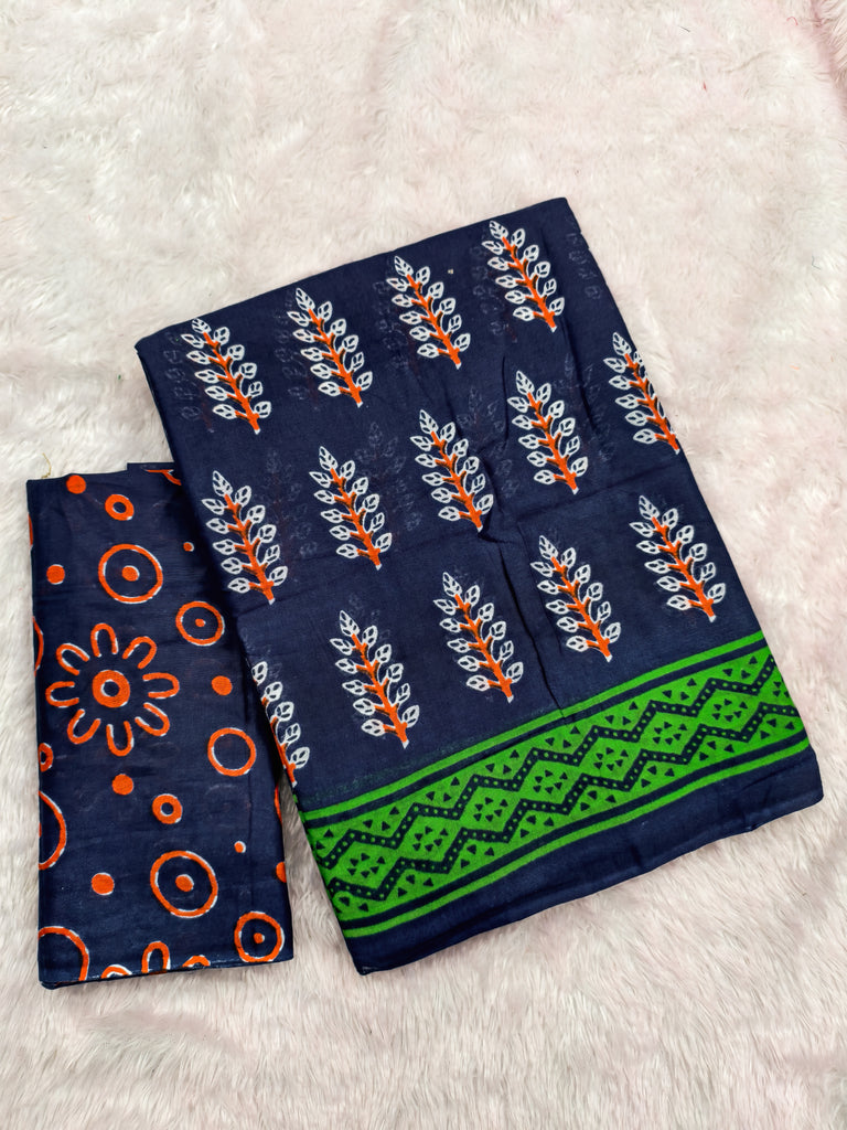 SITARA PURE MULMUL COTTON HAND BLOCK PRINTD BLUE SAREE