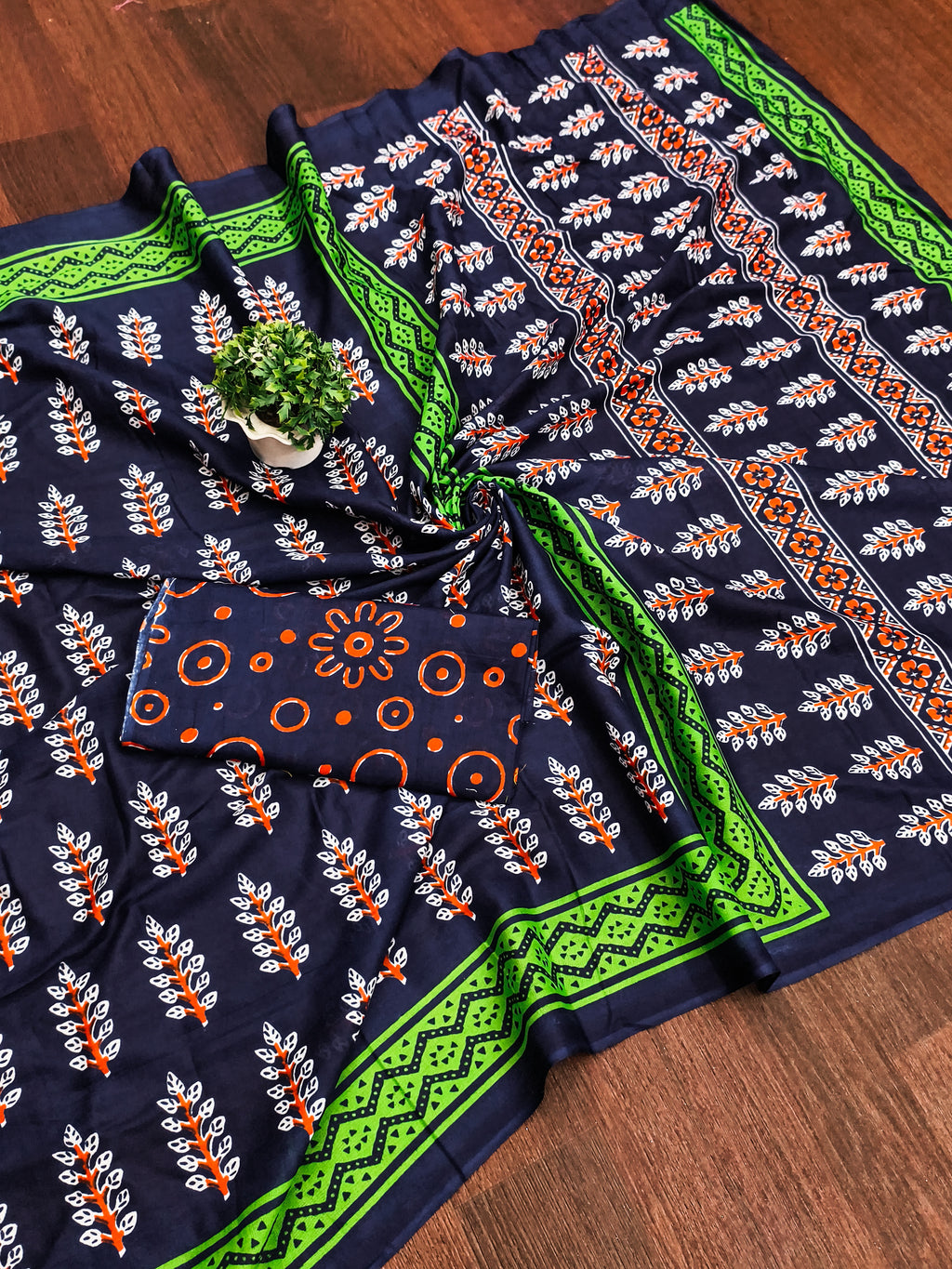SITARA PURE MULMUL COTTON HAND BLOCK PRINTD BLUE SAREE