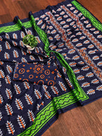 SITARA PURE MULMUL COTTON HAND BLOCK PRINTD BLUE SAREE