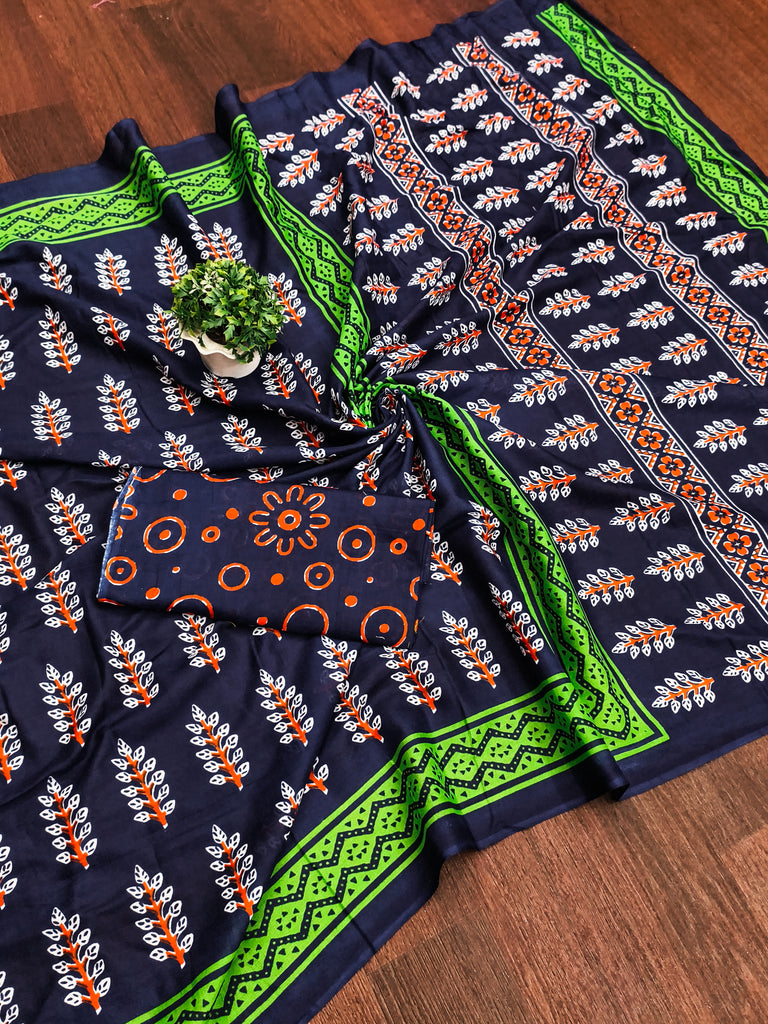 SITARA PURE MULMUL COTTON HAND BLOCK PRINTD BLUE SAREE