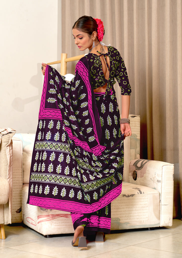 SITARA PURE MULMUL COTTON HAND BLOCK PRINTD BROWN SAREE