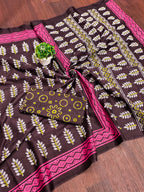SITARA PURE MULMUL COTTON HAND BLOCK PRINTD BROWN SAREE