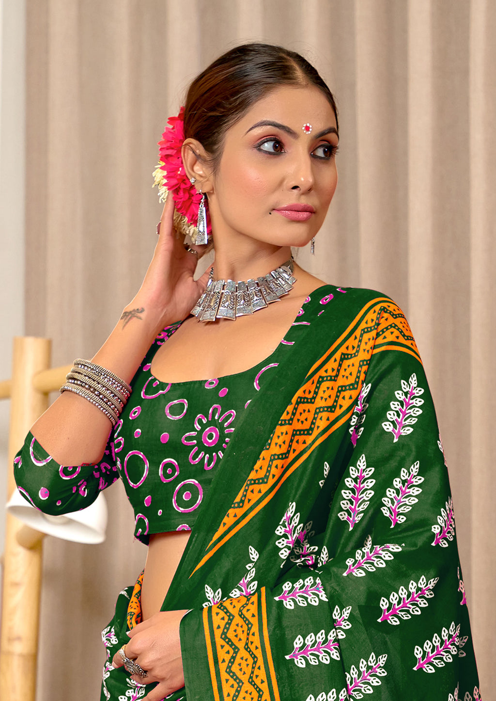 SITARA PURE MULMUL COTTON HAND BLOCK PRINTD GREEN SAREE