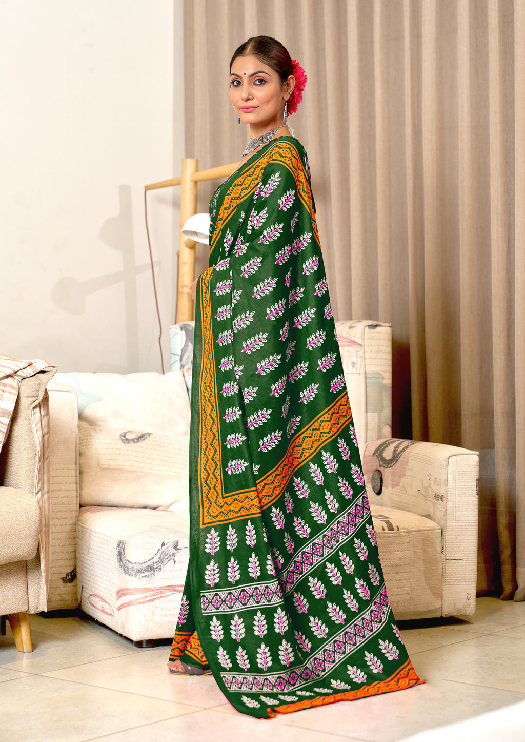 SITARA PURE MULMUL COTTON HAND BLOCK PRINTD GREEN SAREE