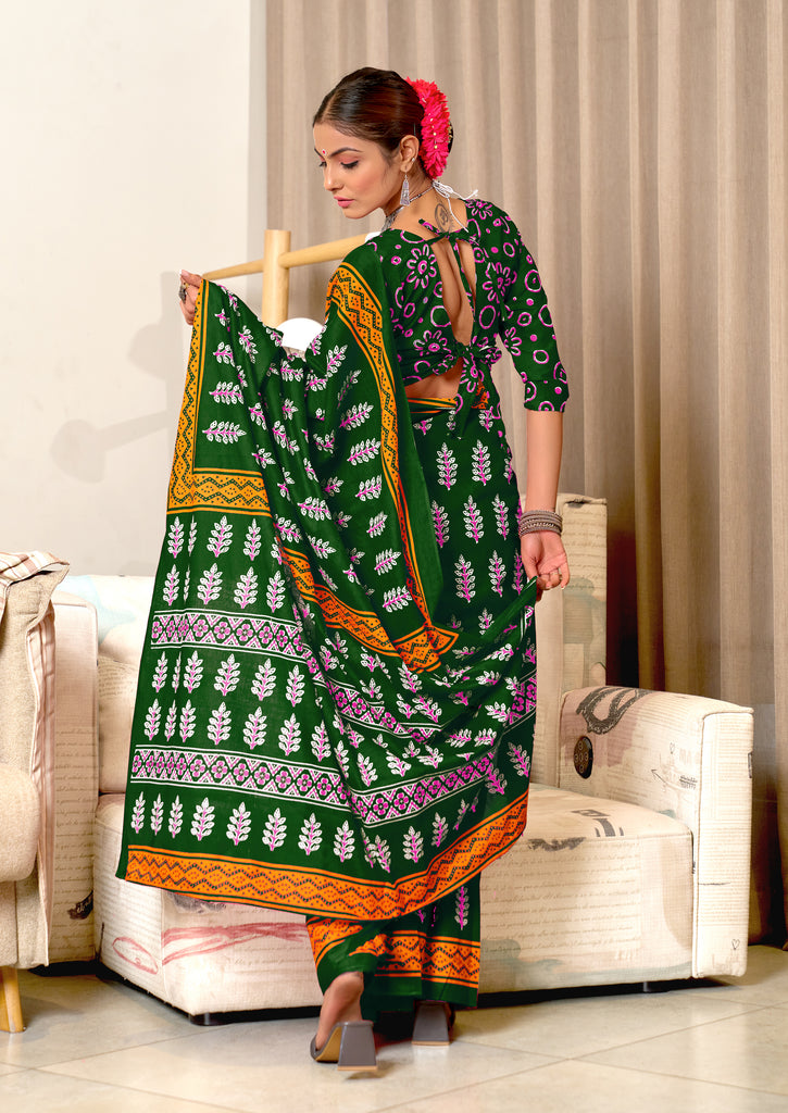 SITARA PURE MULMUL COTTON HAND BLOCK PRINTD GREEN SAREE