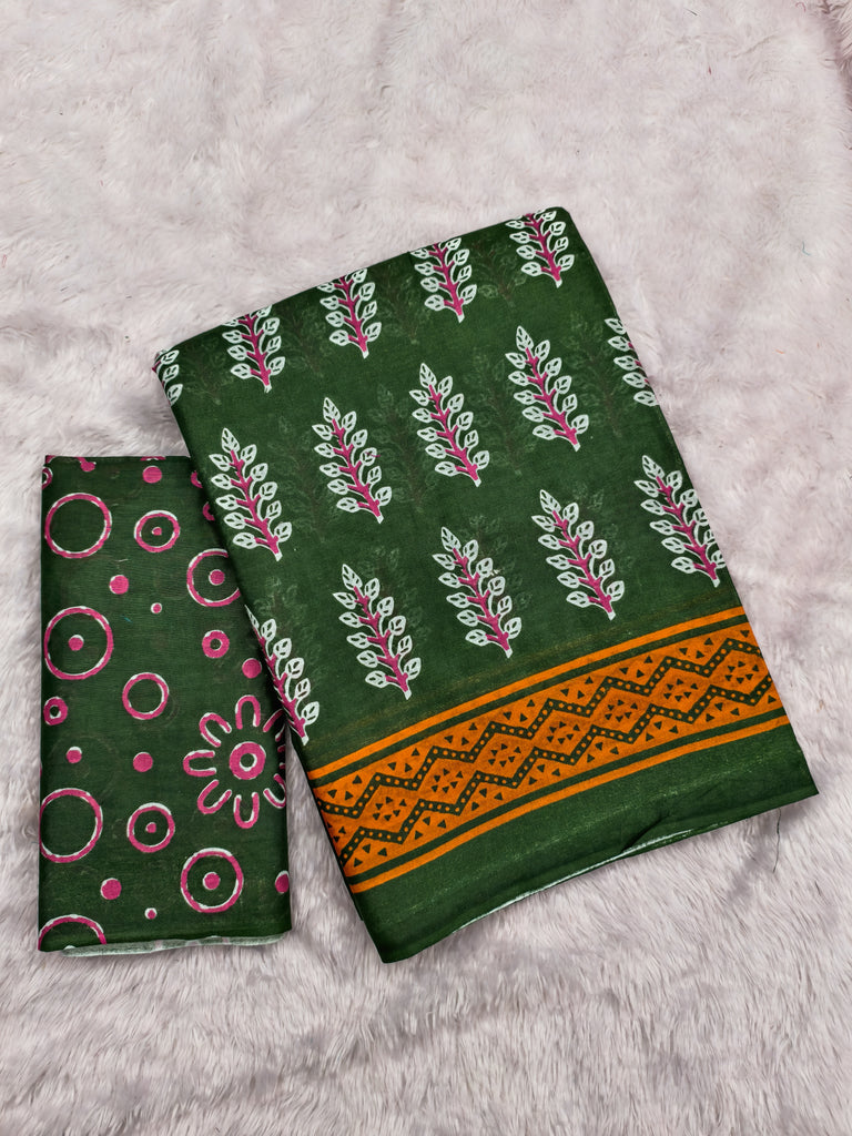 SITARA PURE MULMUL COTTON HAND BLOCK PRINTD GREEN SAREE