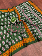 SITARA PURE MULMUL COTTON HAND BLOCK PRINTD GREEN SAREE
