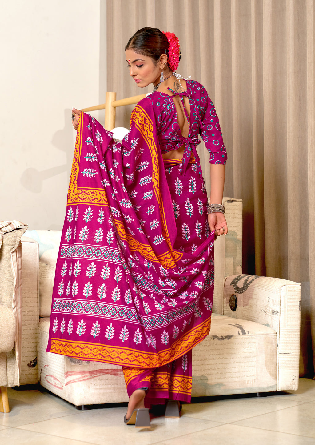 SITARA PURE MULMUL COTTON HAND BLOCK PRINTD PINK SAREE