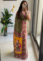 SLEFI 19  PURE MUL COTTON TRADITIONAL KALMKARI HANDBLOCK PRINT OLIVE GREEN SAREE