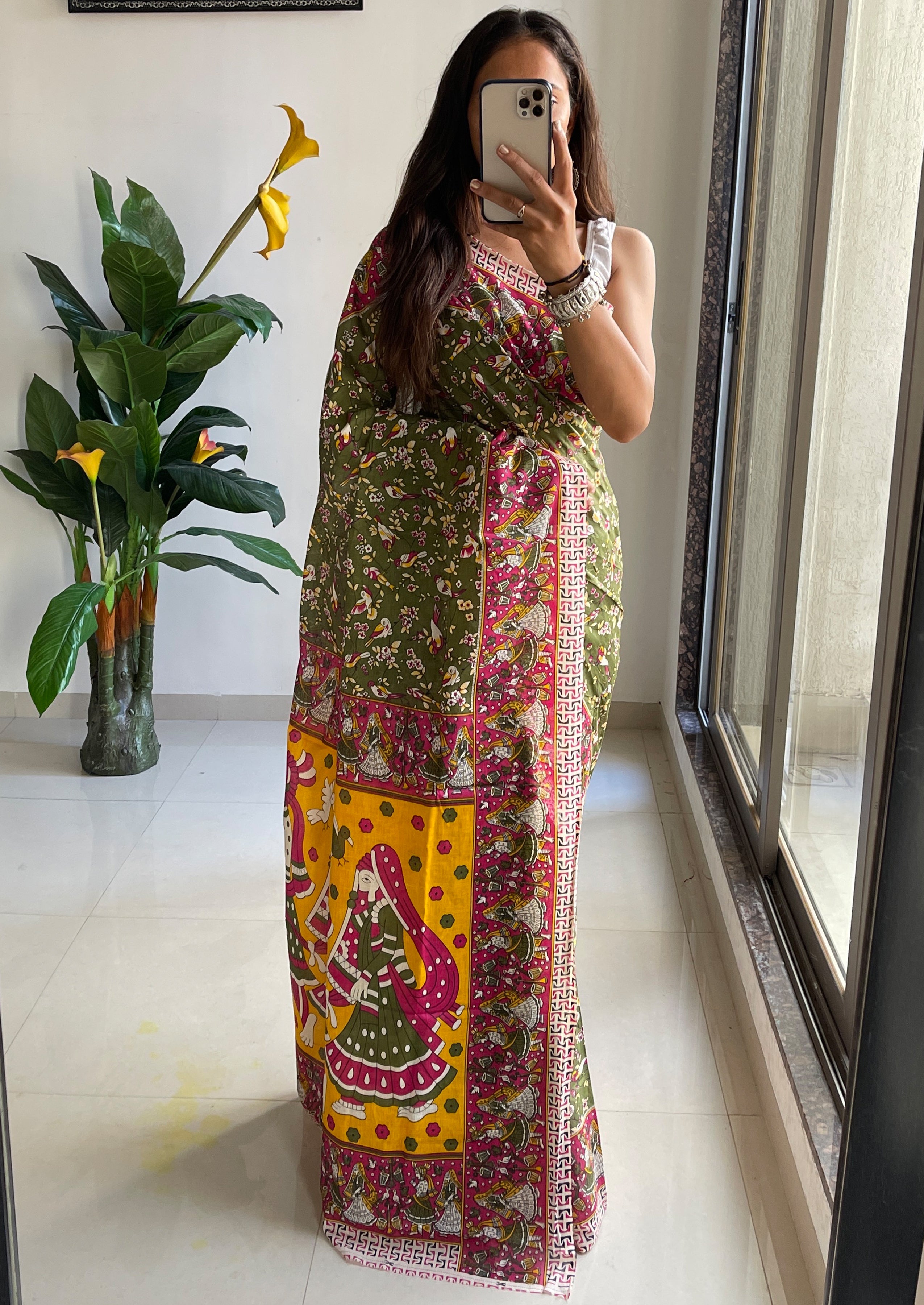 SLEFI 19  PURE MUL COTTON TRADITIONAL KALMKARI HANDBLOCK PRINT OLIVE GREEN SAREE