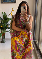SLEFI 19  PURE MUL COTTON TRADITIONAL KALMKARI HANDBLOCK PRINT OLIVE GREEN SAREE