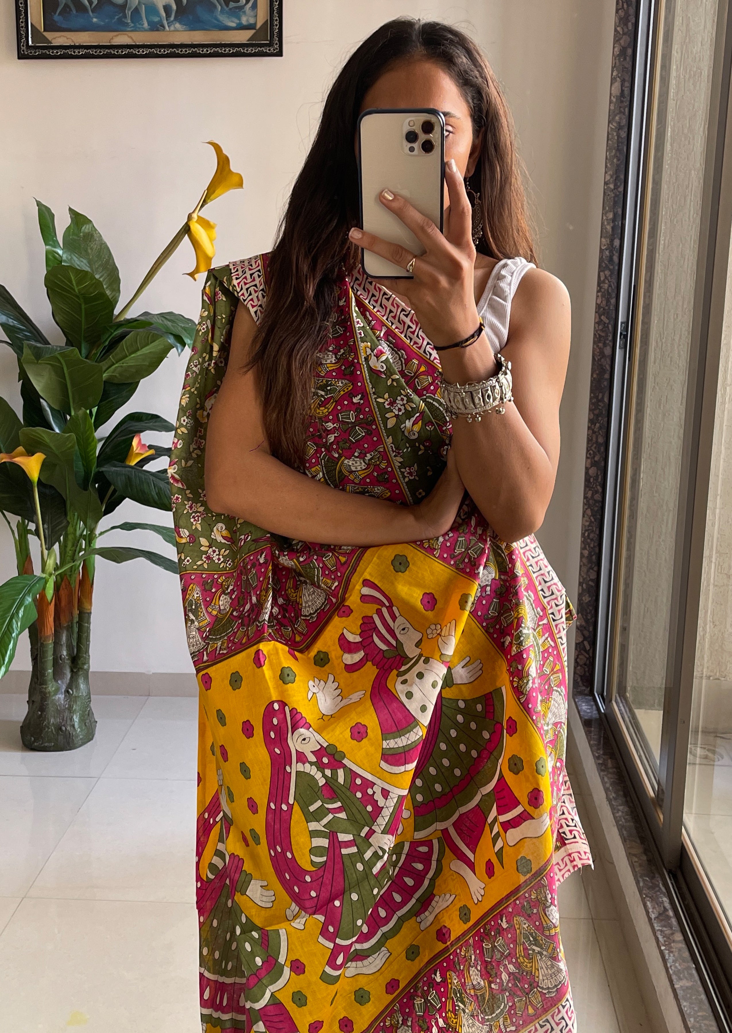 SLEFI 19  PURE MUL COTTON TRADITIONAL KALMKARI HANDBLOCK PRINT OLIVE GREEN SAREE