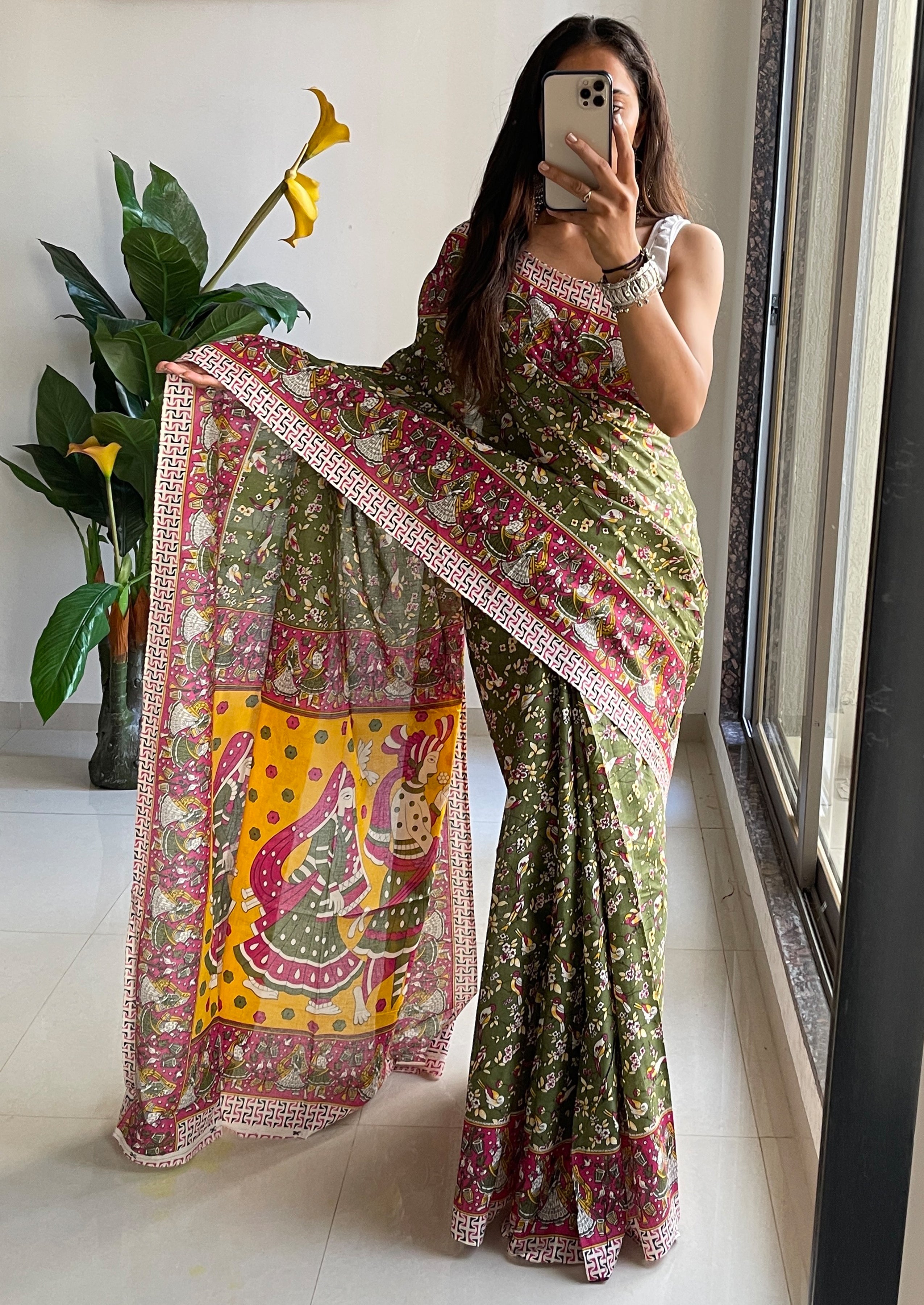 SLEFI 19  PURE MUL COTTON TRADITIONAL KALMKARI HANDBLOCK PRINT OLIVE GREEN SAREE