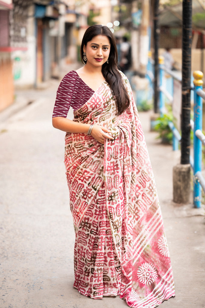 SMC PURE SOFT MULMUL COTTON HAND-BLOCK PRINT PINK SAREE