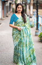 SMC PURE SOFT MULMUL COTTON HAND-BLOCK PRINT GREEN SAREE