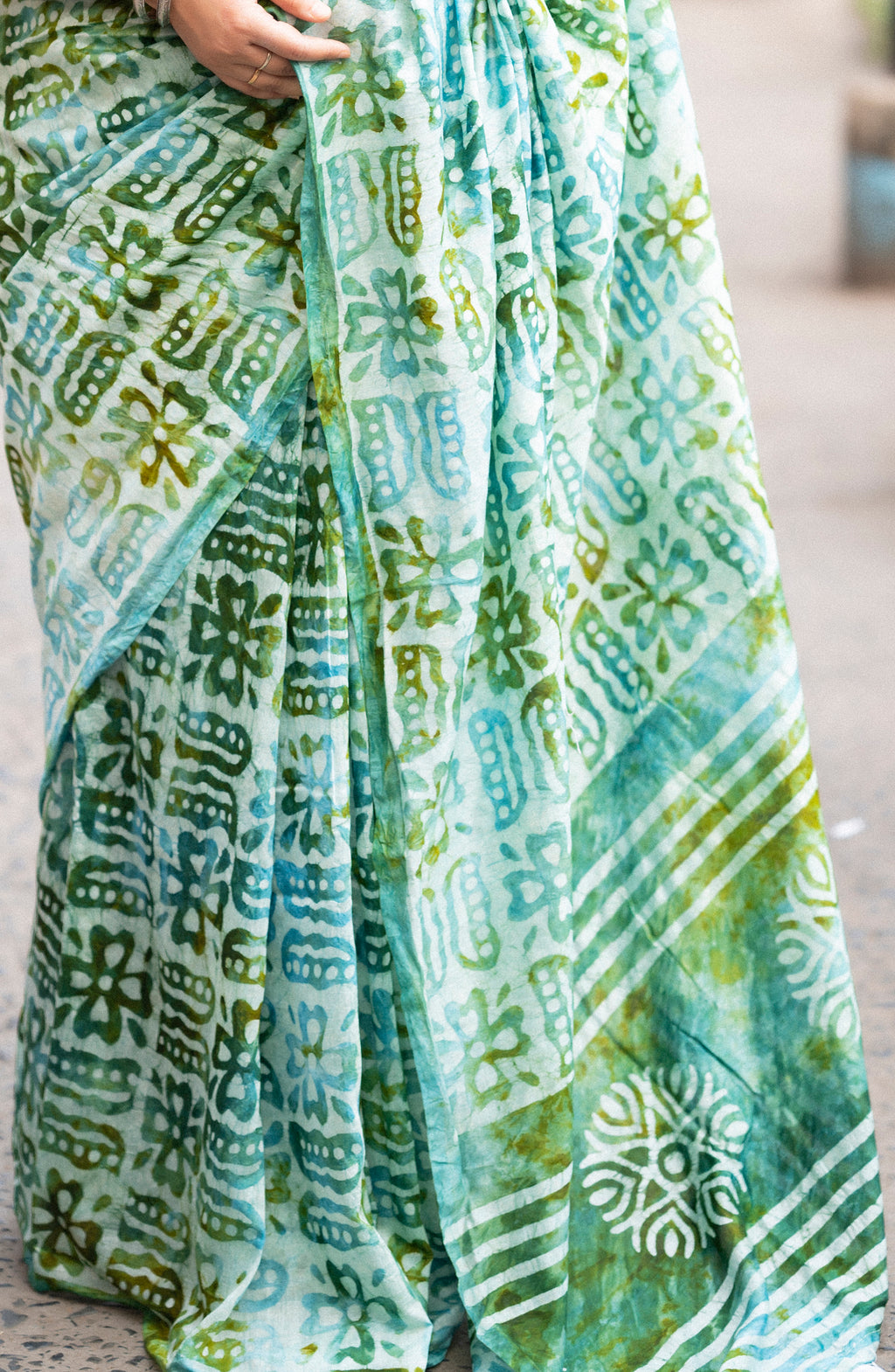 SMC PURE SOFT MULMUL COTTON HAND-BLOCK PRINT GREEN SAREE