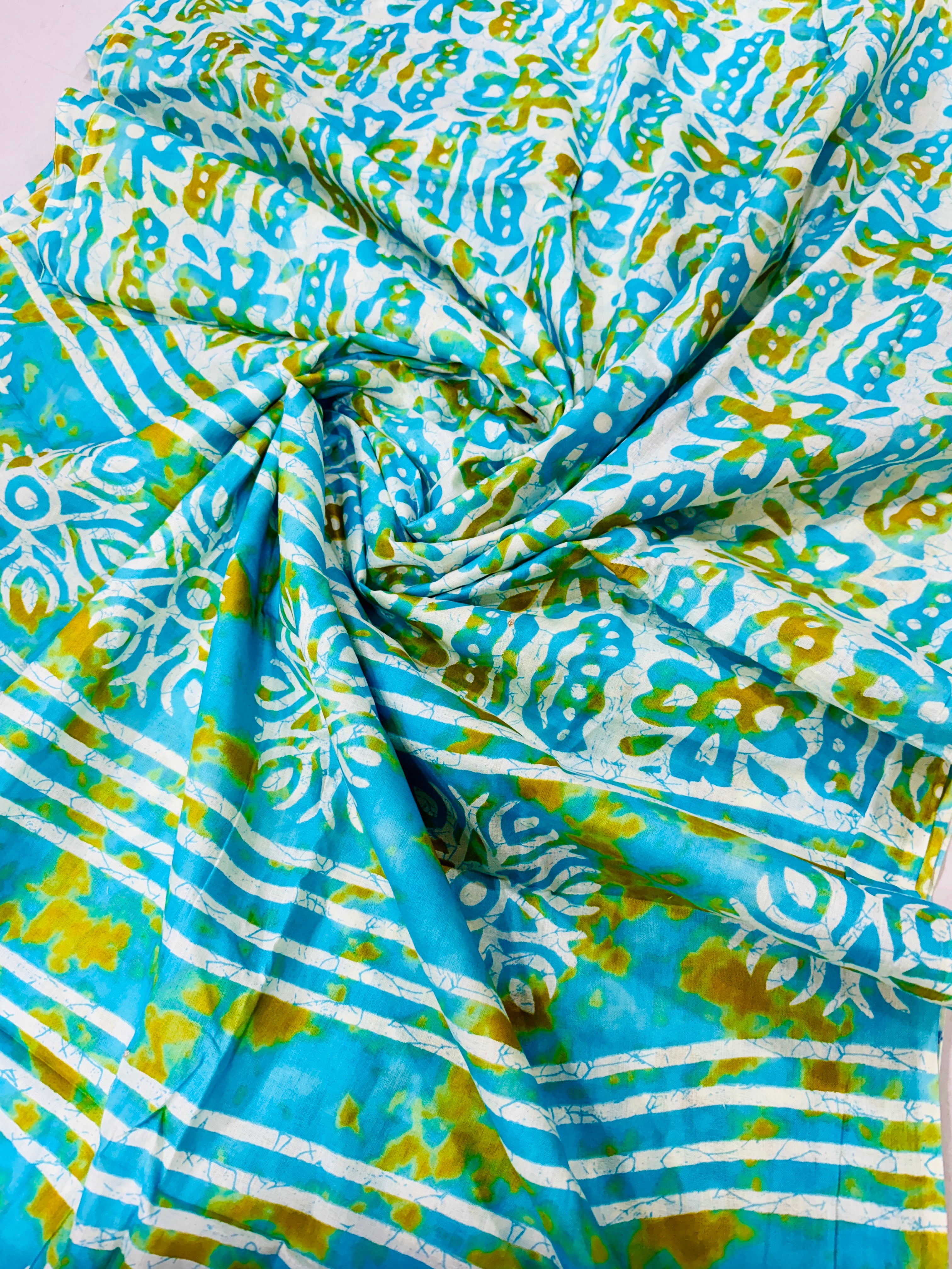 SMC PURE SOFT MULMUL COTTON HAND-BLOCK PRINT GREEN SAREE