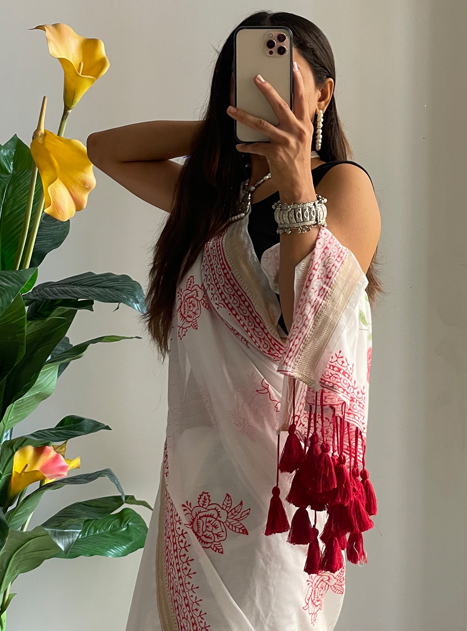 SMCPOOJA1001 PRIMUM NYLON VISCOSE HAND BLOCK ZARI BODAR RED SAREE