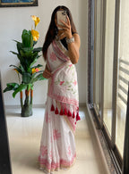 SMCPOOJA1001 PRIMUM NYLON VISCOSE HAND BLOCK ZARI BODAR RED SAREE