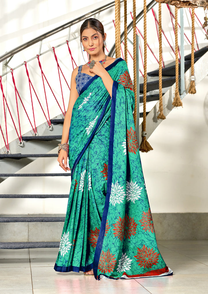 SRIVIDYA PURE MULMUL FLORAL BLOCK PRINTD AQUA SAREE
