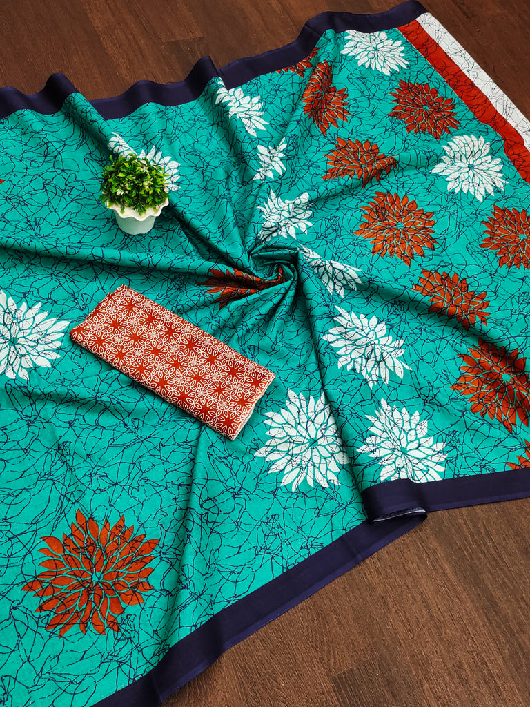 SRIVIDYA PURE MULMUL FLORAL BLOCK PRINTD AQUA SAREE