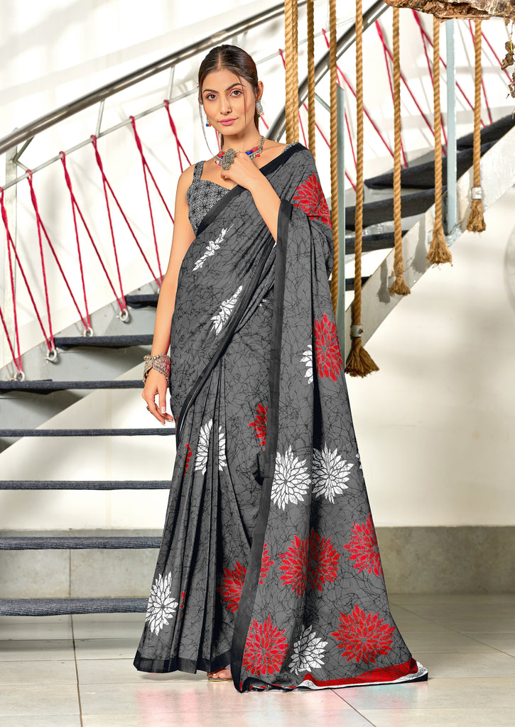 SRIVIDYA PURE MULMUL FLORAL BLOCK PRINTD GREY SAREE