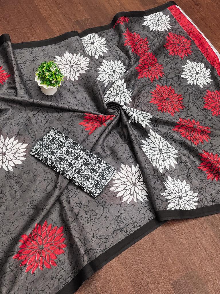 SRIVIDYA PURE MULMUL FLORAL BLOCK PRINTD GREY SAREE