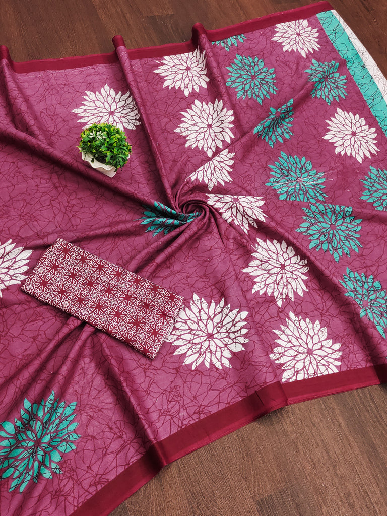 SRIVIDYA PURE MULMUL FLORAL BLOCK PRINTD PINK SAREE