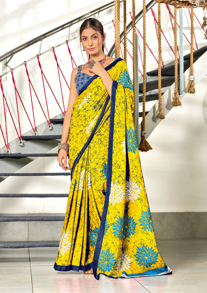 SRIVIDYA PURE MULMUL FLORAL BLOCK PRINTD YELLOW SAREE