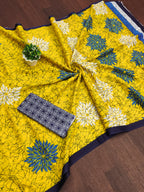 SRIVIDYA PURE MULMUL FLORAL BLOCK PRINTD YELLOW SAREE