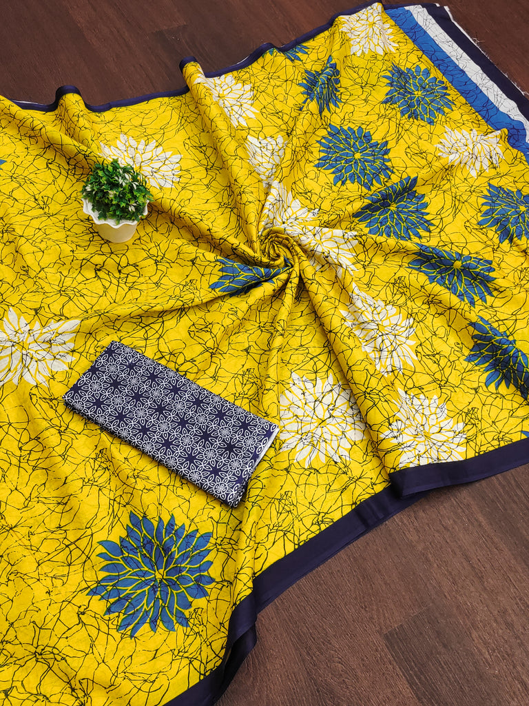 SRIVIDYA PURE MULMUL FLORAL BLOCK PRINTD YELLOW SAREE