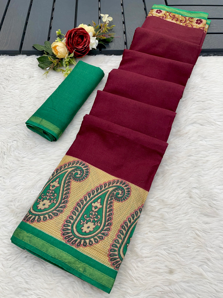 SUDHA BAGRU BLOCK PRINT SOFT MASLIN COTTON ZARI GOLDEN BORDER MAROON SAREE