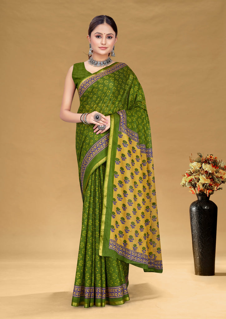 SUDHA BAGRU BLOCK PRINT SOFT MASLIN COTTON ZARI GOLDEN BORDER GREEN SAREE