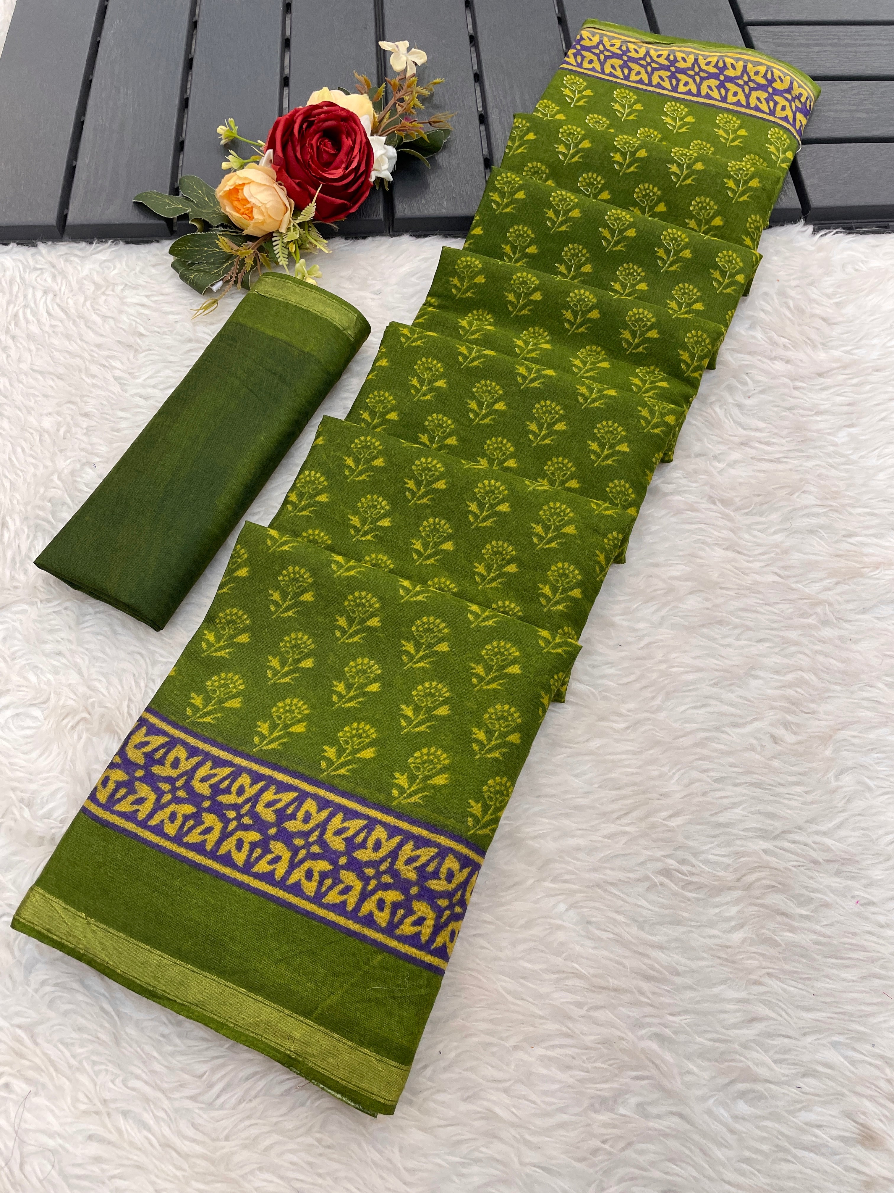 SUDHA BAGRU BLOCK PRINT SOFT MASLIN COTTON ZARI GOLDEN BORDER GREEN SAREE