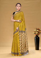 SUDHA BAGRU BLOCK PRINT SOFT MASLIN COTTON ZARI GOLDEN BORDER YELLOW SAREE