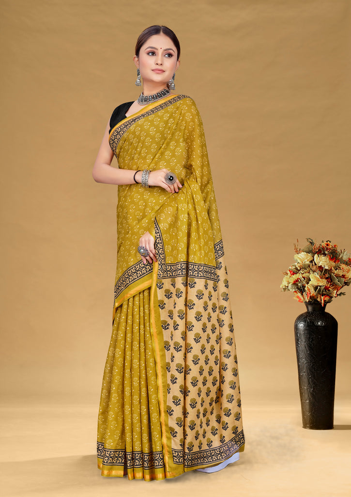 SUDHA BAGRU BLOCK PRINT SOFT MASLIN COTTON ZARI GOLDEN BORDER YELLOW SAREE