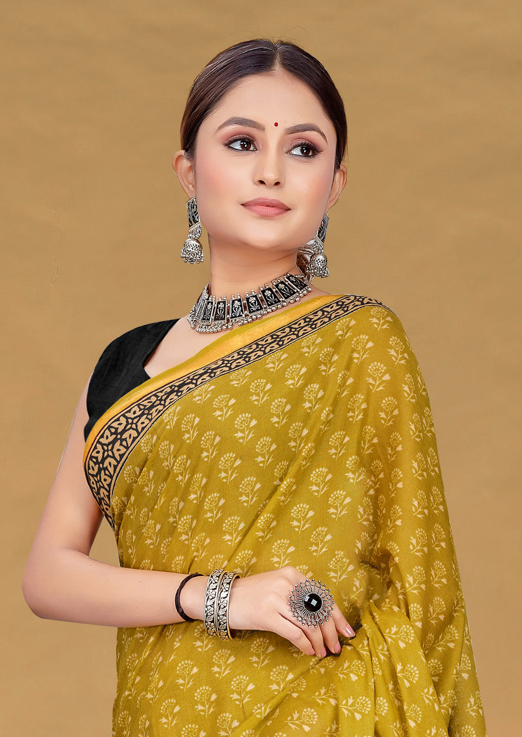 SUDHA BAGRU BLOCK PRINT SOFT MASLIN COTTON ZARI GOLDEN BORDER YELLOW SAREE
