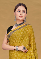 SUDHA BAGRU BLOCK PRINT SOFT MASLIN COTTON ZARI GOLDEN BORDER YELLOW SAREE
