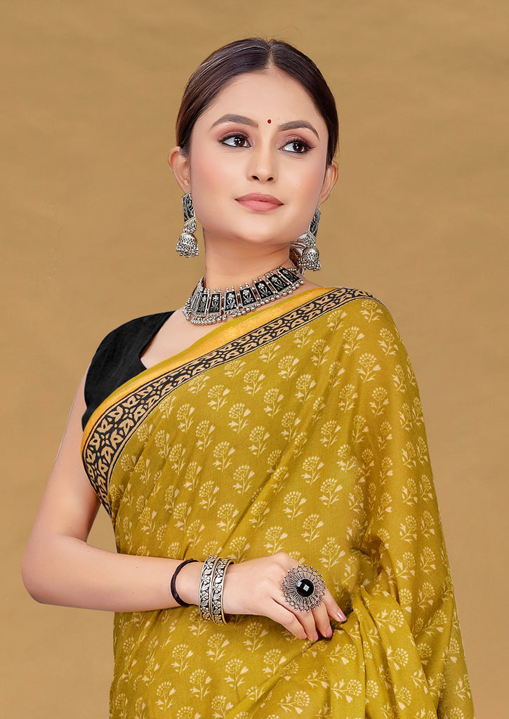 SUDHA BAGRU BLOCK PRINT SOFT MASLIN COTTON ZARI GOLDEN BORDER YELLOW SAREE