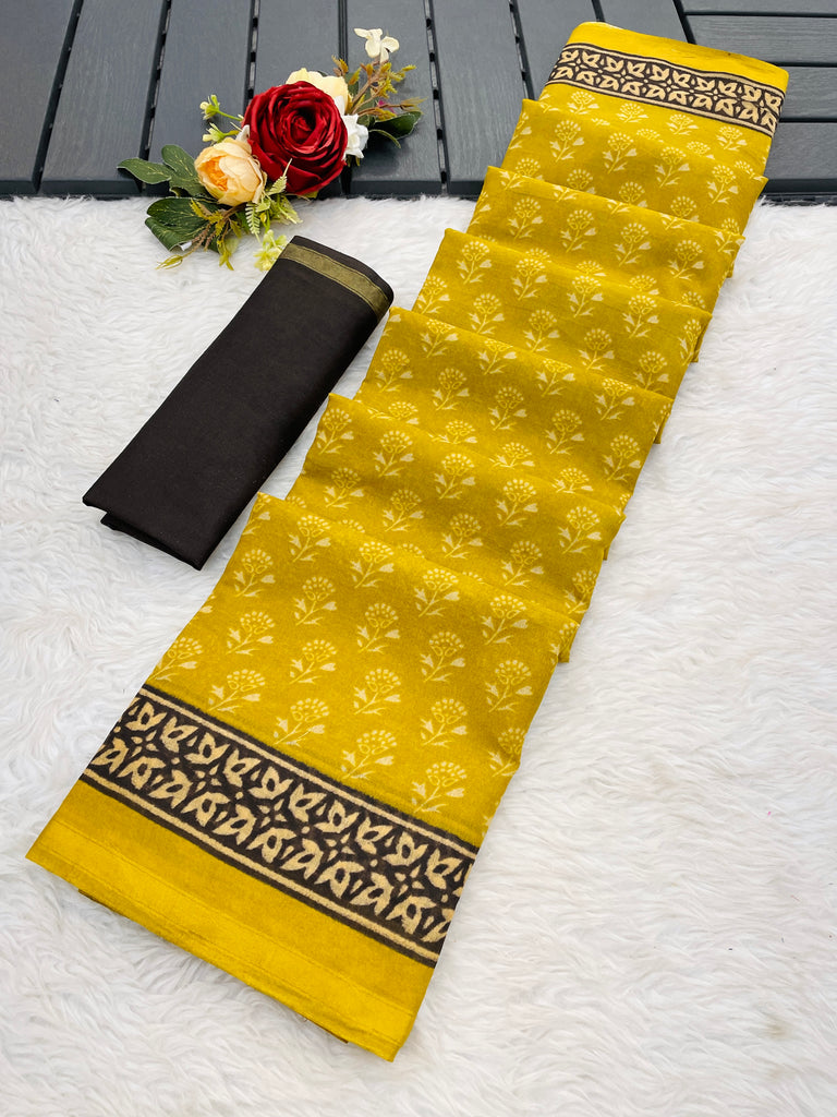 SUDHA BAGRU BLOCK PRINT SOFT MASLIN COTTON ZARI GOLDEN BORDER YELLOW SAREE