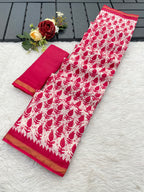 SUDHA BAGRU BLOCK PRINT SOFT MASLIN COTTON ZARI GOLDEN BORDER PINK SAREE