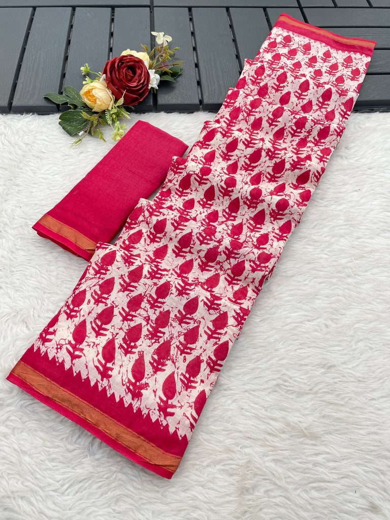 SUDHA BAGRU BLOCK PRINT SOFT MASLIN COTTON ZARI GOLDEN BORDER PINK SAREE